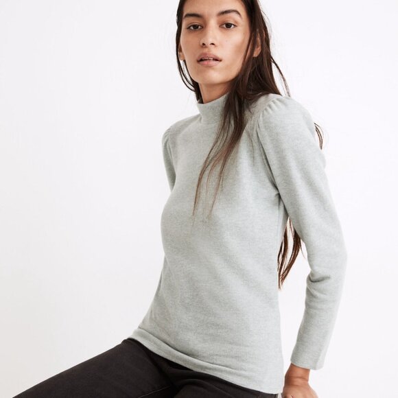 MADEWELL (Re)sourced Plush Mockneck Ribbed Puff-Sleeve Top in Sage Mist - Picture 2 of 8